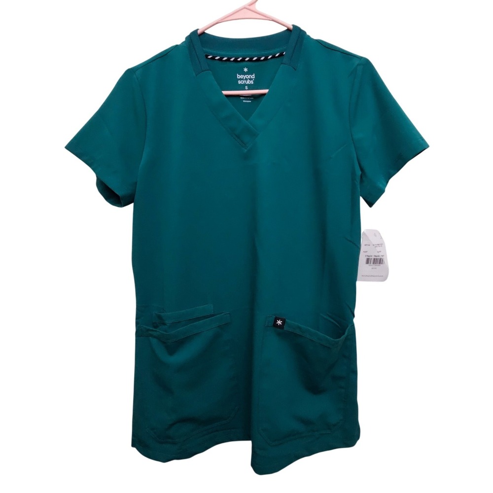 Beyond Scrubs Scrub Top Womens S Hunter Green V-Neck Mesh Back Stretch Workwear